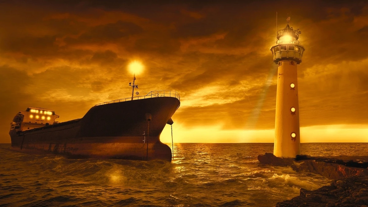 Leuchtturm und Schiff  - Desktop 4K Hintergrundbilder hintergrundbild